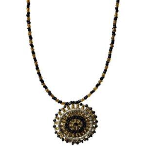 Handcrafted Black Gold Beaded Necklace Circular Pendant Statement Jewelry Women